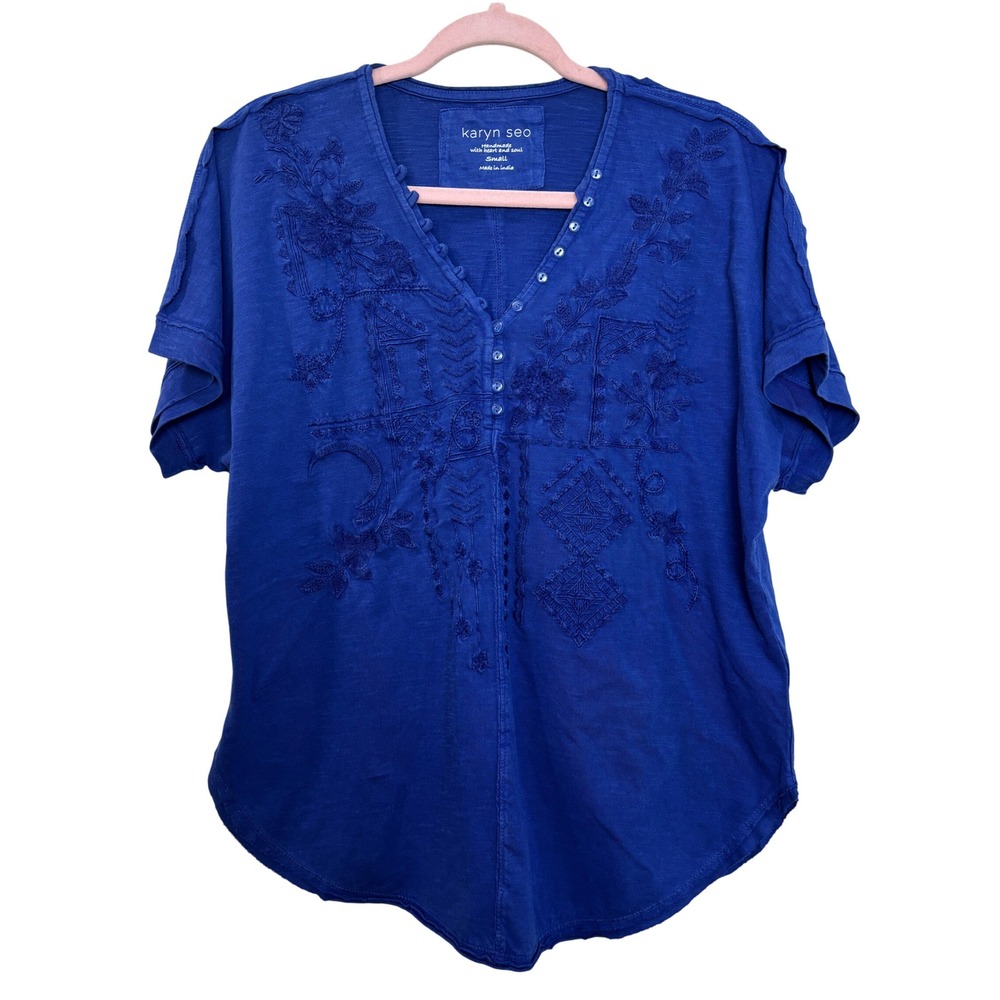 Karyn Seo Handmade Embroidered‎ Button Tunic Top Blouse Boho Bohemian Blue Small